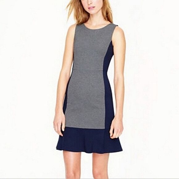 J. Crew Sleeveless Colorblock Navy & Gray Sheath Dress with Flounced Hemline - Picture 1 of 14